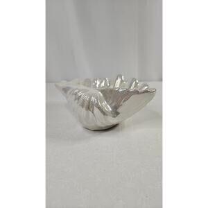 Hand Blown Opalescent Shell Art Glass Bowl White Rainbow Mid Century Beach